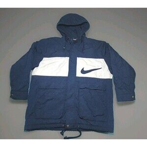 Vintage Nike Swoosh Logo Windbreaker Parka Jacket Blue White Hooded Men’s XL 90s
